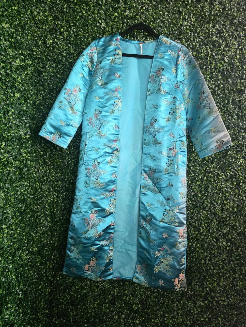 Free People Women's Turquoise Satin Floral Duster Coat Size S